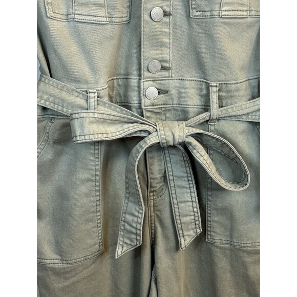 LANE BRYANT Olive Green Denim Jumpsuit 16 Petite Belted Straight Leg Utility 70s - Picture 9 of 16